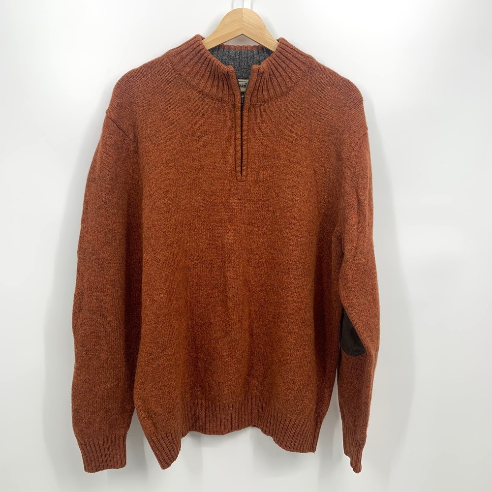 LL Bean Shetland Wool Quarter Zip Mens XL Orange Excellent Elbow Patches 285327 - Picture 3 of 8